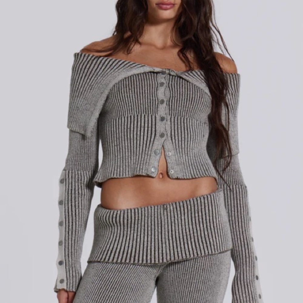 Jade London Tribecca Grey Off Shoulder Ribbed Sweater